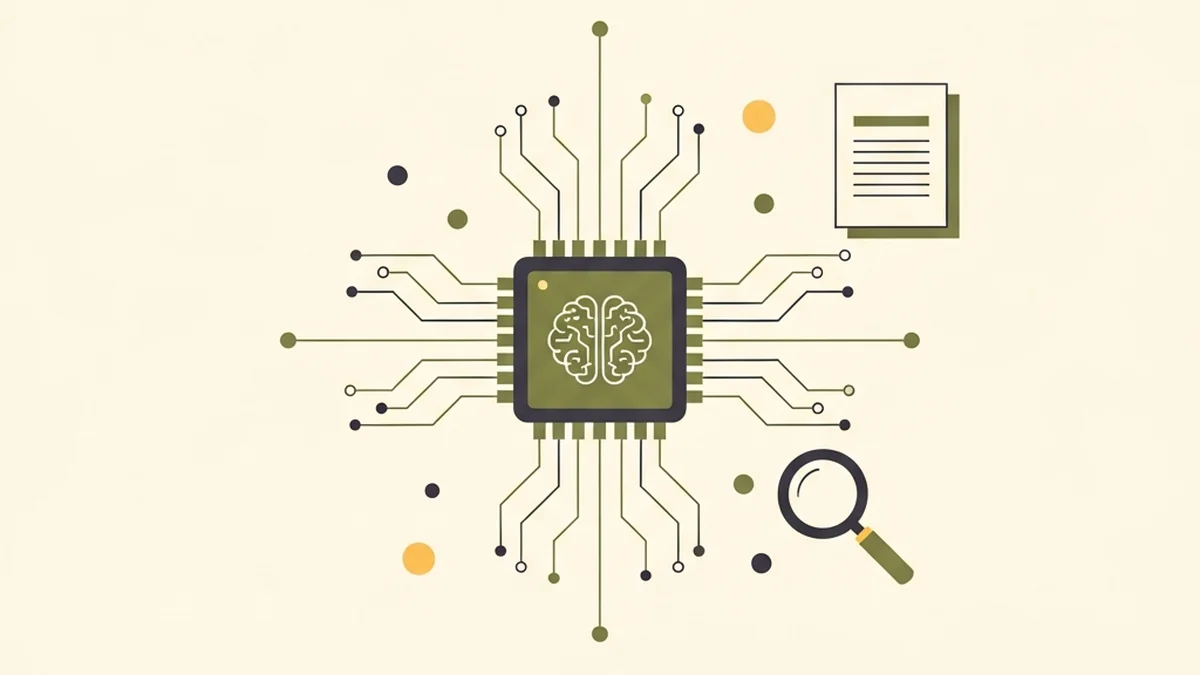 AI SEOのイメージ図。中央のAIチップ（脳の回路パターン）から細い線が虫眼鏡・書類・右肩上がりの線へ放射状に伸び、AIが検索最適化を駆動する構造を表す。